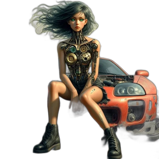 car, robot, concept art, fantasy art, comic book art, cyberpunk, earth tones, woman transparent PNG cut-out