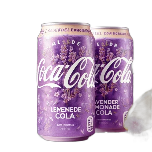 bottle, two, lavender-themed, coca-cola, cans, complementary, purple, background transparent PNG cut-out