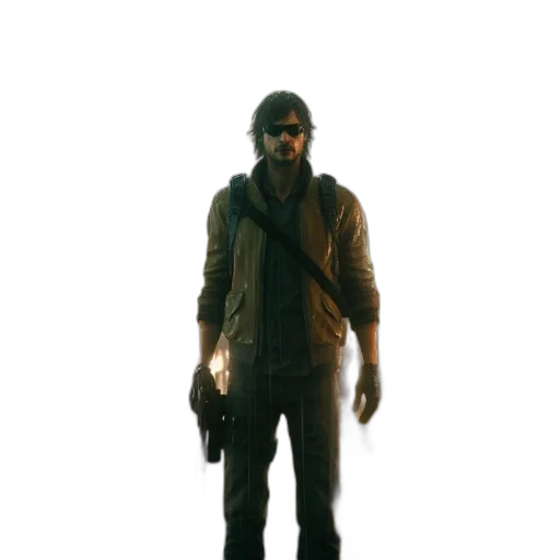 jacket, staff, weapon, mask, concept art, 3d render, pixel art, cyberpunk transparent PNG cut-out
