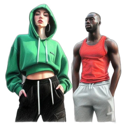 jacket, 3d render, concept art, neon, green, monochrome, two, individuals transparent PNG cut-out