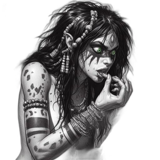 jewelry, fantasy art, cyberpunk, pencil sketch, photorealistic, intense, introspective, portrait transparent PNG cut-out