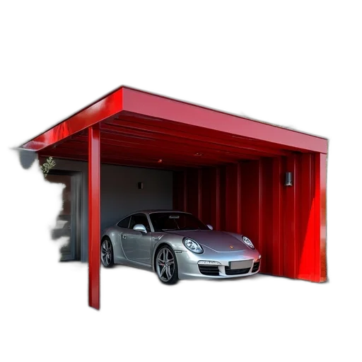 car, building, 3d render, photorealistic, concept art, red, aluminium, carport transparent PNG cut-out