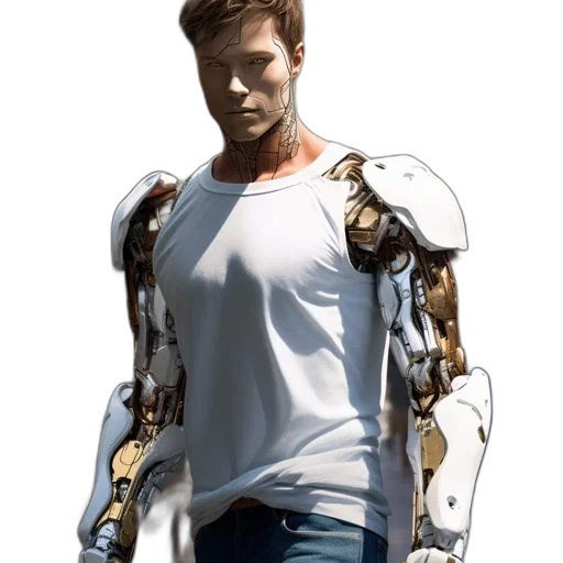 robot, jacket, weapon, jewelry, concept art, cyberpunk, 3d render, photorealistic transparent PNG cut-out