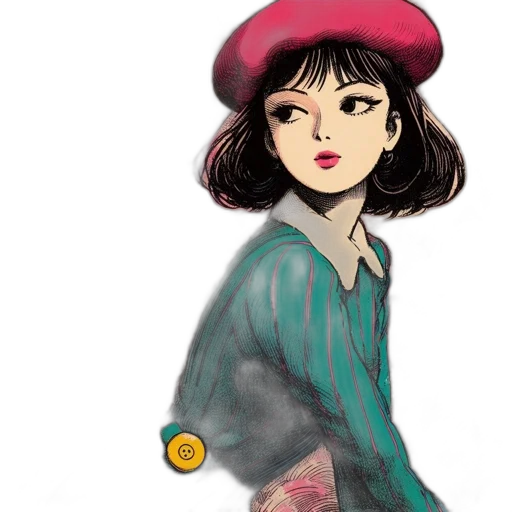 dress, hat, watercolor, concept art, fantasy art, comic book art, red, colorful transparent PNG cut-out