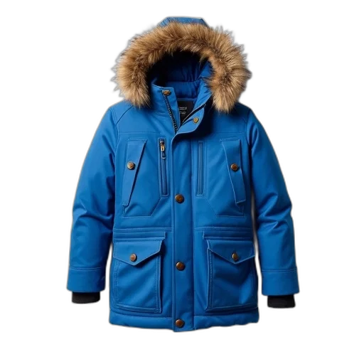 jacket, blue, winter, fur-lined, hood, displayed, against, white transparent PNG cut-out