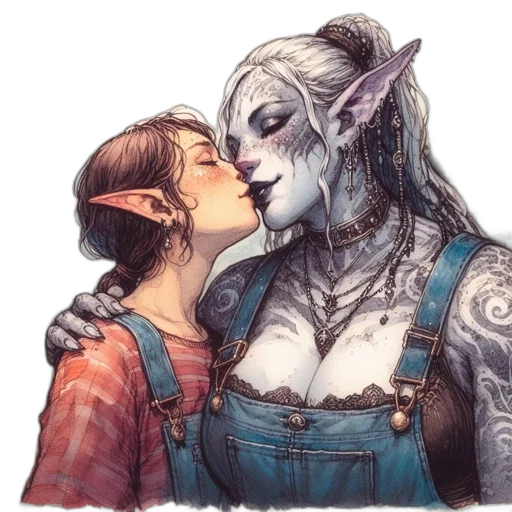 fantasy art, concept art, watercolor, comic book art, two, characters, different, species transparent PNG cut-out