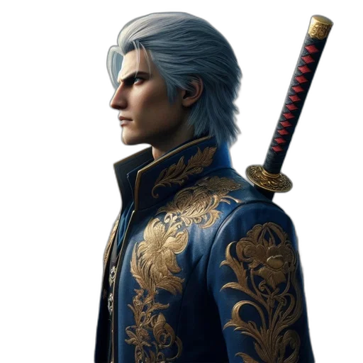 sword, staff, jacket, concept art, fantasy art, blue, elderly, man transparent PNG cut-out
