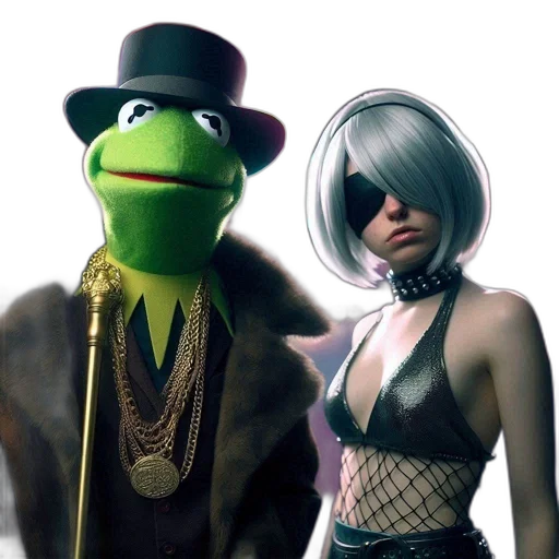 concept art, cyberpunk, 3d render, green, frog, character, dressed, coat transparent PNG cut-out