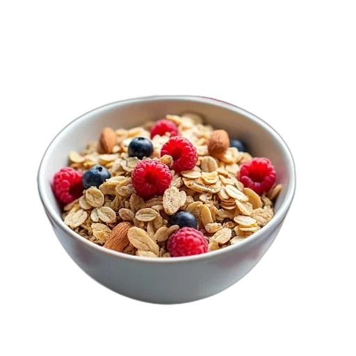 food, photorealistic, bowl, filled, mixture, oats, nuts, placed transparent PNG cut-out