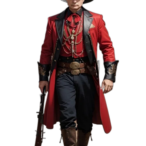 jacket, staff, hat, weapon, concept art, comic book art, photorealistic, fantasy art transparent PNG cut-out