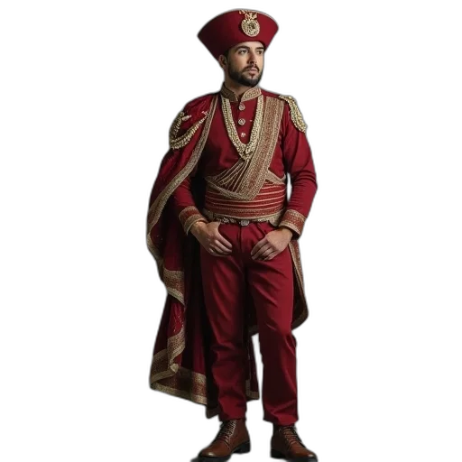 staff, jacket, crown, concept art, 3d render, photorealistic, red, man transparent PNG cut-out