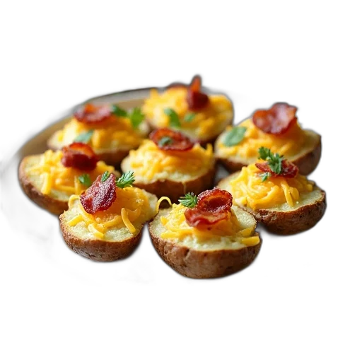 food, photorealistic, 3d render, plate, baked, potatoes, topped, cheese transparent PNG cut-out