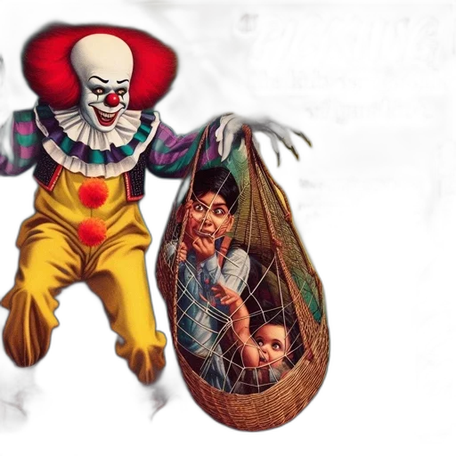 concept art, advertisement, featuring, sinister, clown, points, viewers, amid transparent PNG cut-out