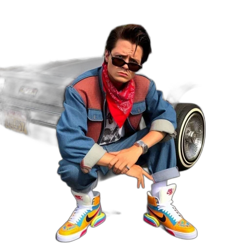 jacket, shoes, weapon, car, concept art, cartoon, 3d render, vaporwave transparent PNG cut-out