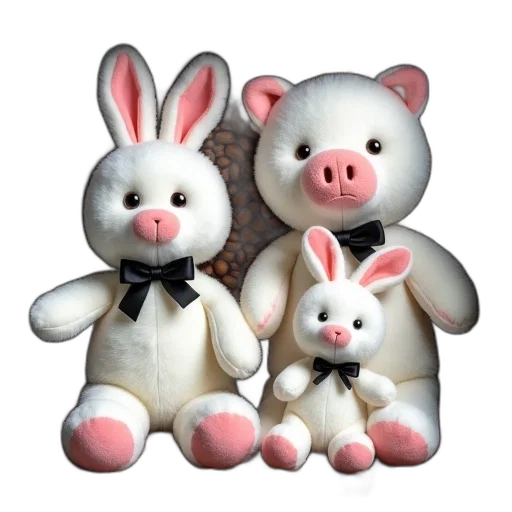 3d render, photorealistic, collection, four, plush, toys, displayed, square transparent PNG cut-out