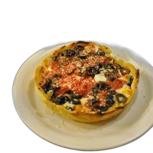 food, deep-dish, pizza, olives, cheese, sits, white, plate transparent PNG cut-out