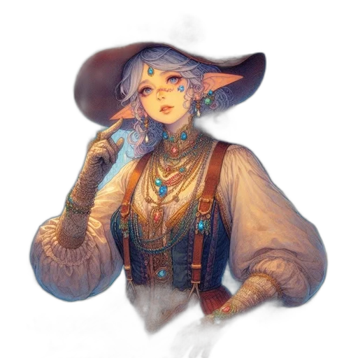 staff, hat, jewelry, dress, fantasy art, concept art, watercolor, pixel art transparent PNG cut-out