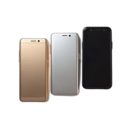 jewelry, 3d render, golden, three, identical, smartphones, displayed, side transparent PNG cut-out