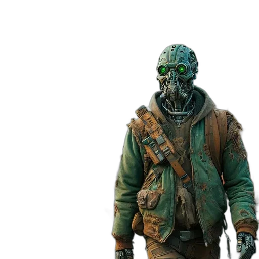 mask, jacket, creature, weapon, concept art, 3d render, cyberpunk, comic book art transparent PNG cut-out
