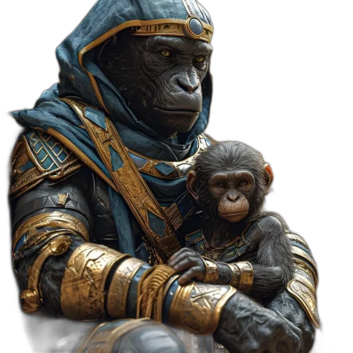 animal, staff, concept art, photorealistic, fantasy art, 3d render, two, chimpanzees transparent PNG cut-out