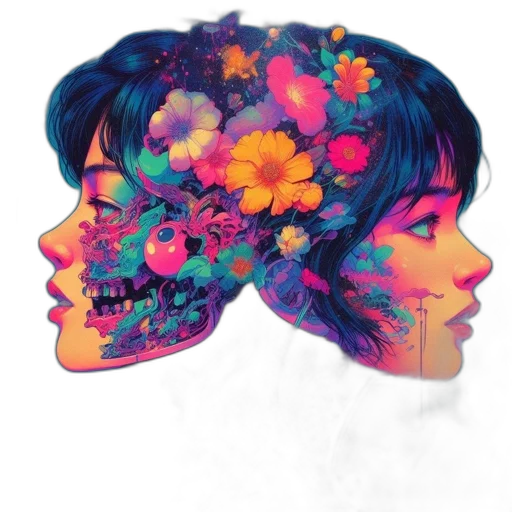face, flower, mask, crown, watercolor, photorealistic, concept art, vaporwave transparent PNG cut-out