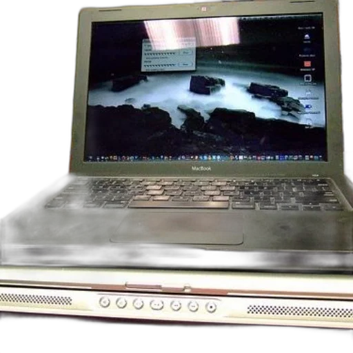 3d render, macbook, laptop, snowy, landscape, wallpaper, open, table transparent PNG cut-out