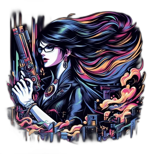 weapon, cyberpunk, pixel art, comic book art, anime, neon lights, dark, illustrated transparent PNG cut-out