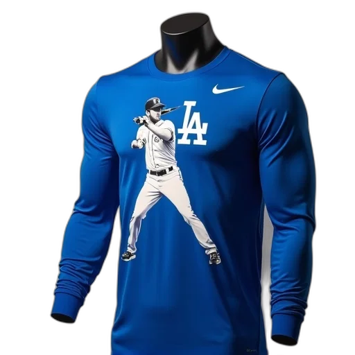 blue, long-sleeve, t-shirt, graphic, baseball, player, batting, stance transparent PNG cut-out