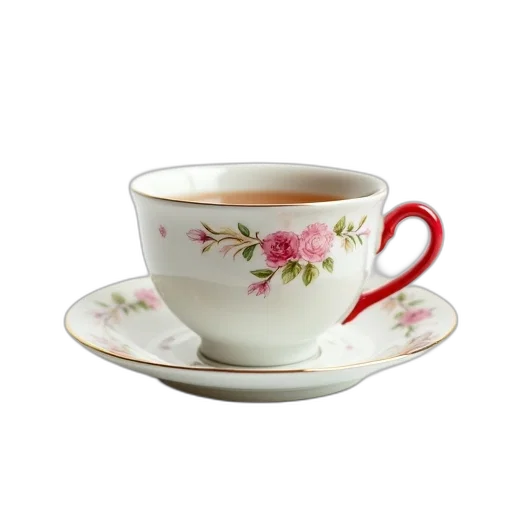 food, photorealistic, 3d render, white, ceramic, teacup, floral, design transparent PNG cut-out