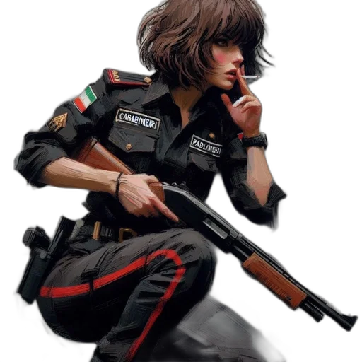 weapon, jacket, staff, cyberpunk, concept art, photorealistic, comic book art, woman transparent PNG cut-out