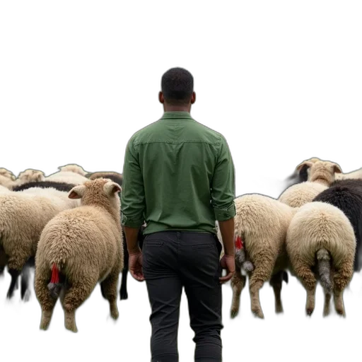 animal, jacket, man, green, shirt, black, pants, standing transparent PNG cut-out