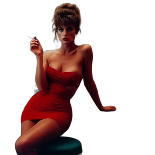 dress, concept art, photorealistic, fire, woman, vibrant, red, seated transparent PNG cut-out