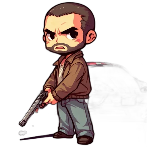 pixel art, concept art, cartoon, comic book art, armed, man, stands, before transparent PNG cut-out