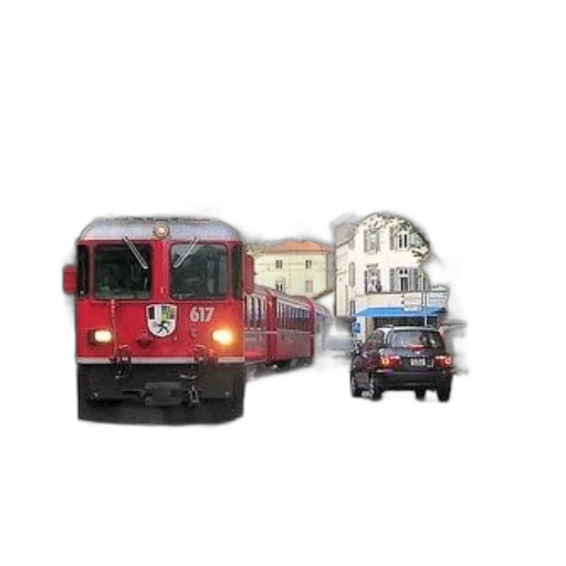 3d render, photorealistic, concept art, city street, red, train, number, 617 transparent PNG cut-out