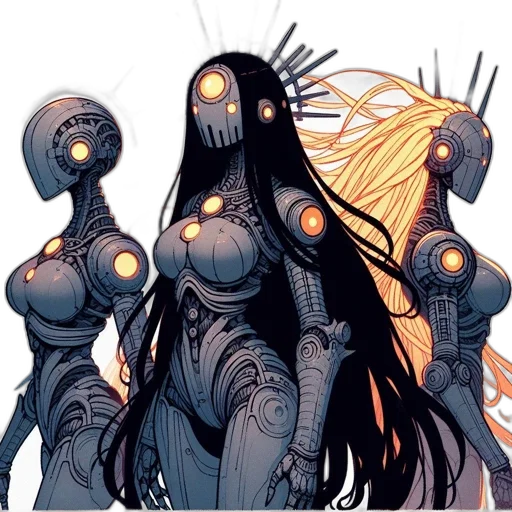 robot, concept art, comic book art, cyberpunk, fantasy art, three, robots, central transparent PNG cut-out