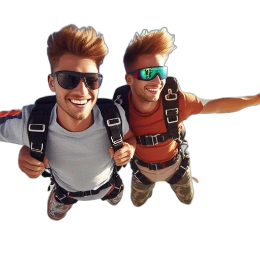 3d render, photorealistic, two, men, skydive, donning, parachutes, reflective transparent PNG cut-out
