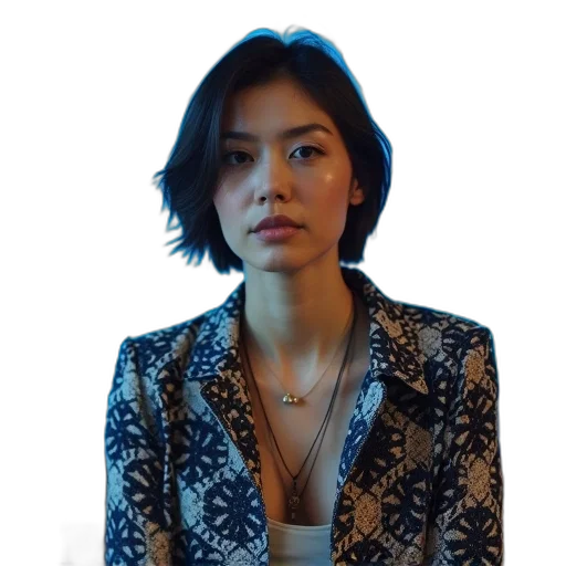 jacket, jewelry, face, staff, cyberpunk, photorealistic, neon lights, blue transparent PNG cut-out