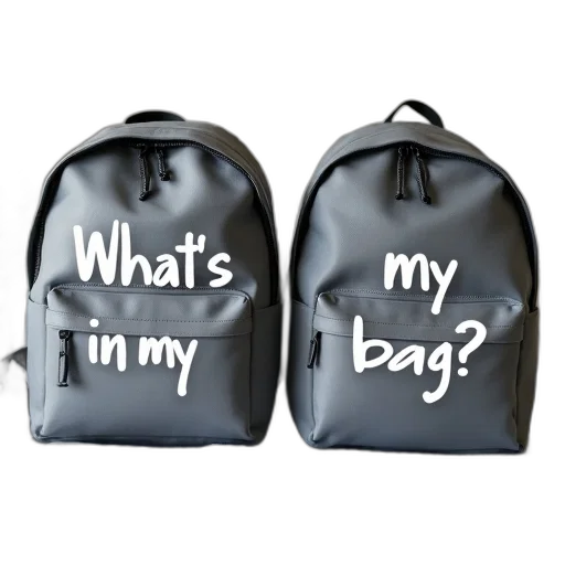 pair, identical, grey, backpacks, placed, side, bed, striped transparent PNG cut-out