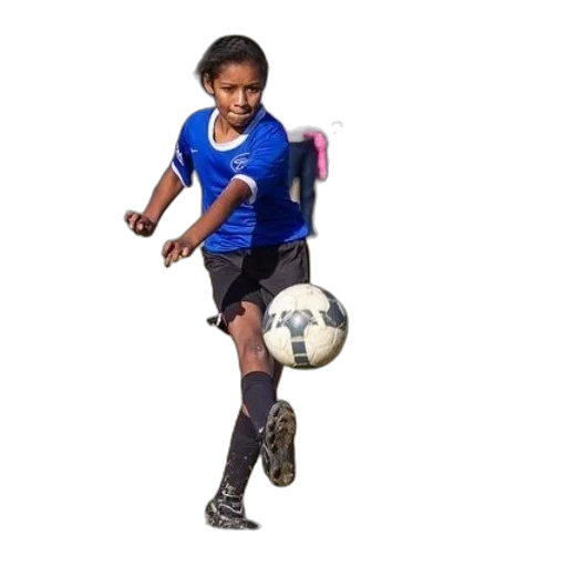 photorealistic, 3d render, young, girl, blue, soccer, uniform, kicking transparent PNG cut-out