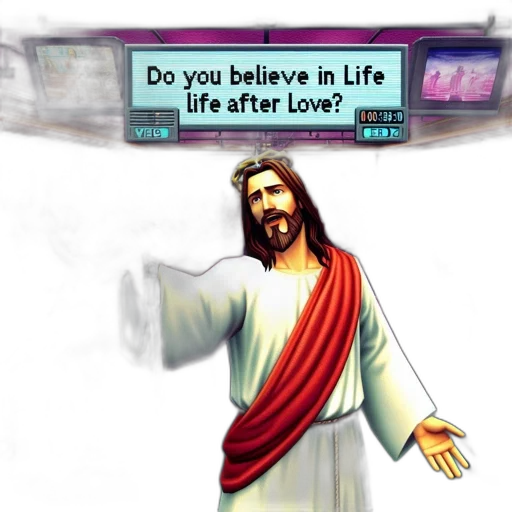 3d render, vaporwave, photorealistic, pixel art, club, scene, features, jesus transparent PNG cut-out