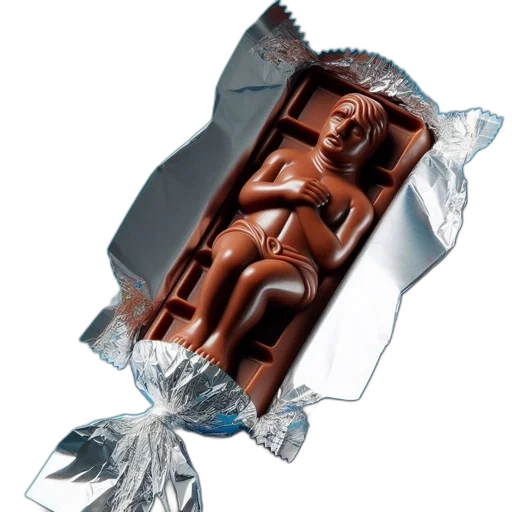 food, photorealistic, 3d render, silver-wrapped, chocolate, bar, resembling, seated transparent PNG cut-out
