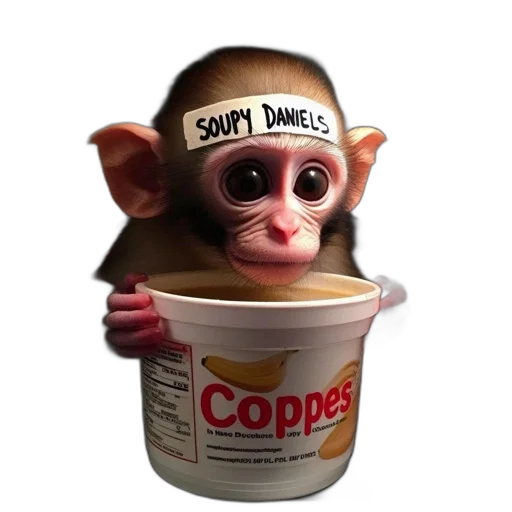 food, 3d render, concept art, photorealistic, young, monkey, labeled, soupy transparent PNG cut-out