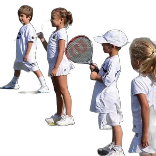group, children, white, tennis, outfits, stand, court, holding transparent PNG cut-out