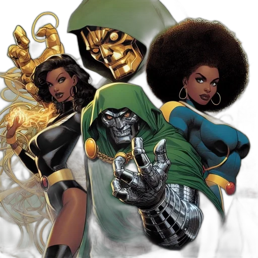 comic book art, concept art, four, characters, marvel, universe, depicted, including transparent PNG cut-out