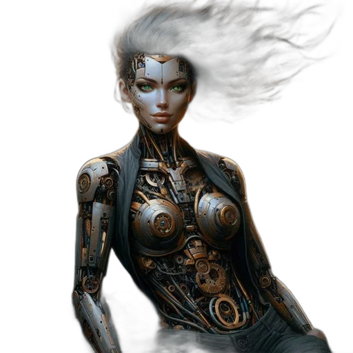robot, jewelry, dress, cyberpunk, concept art, fantasy art, comic book art, outer space transparent PNG cut-out