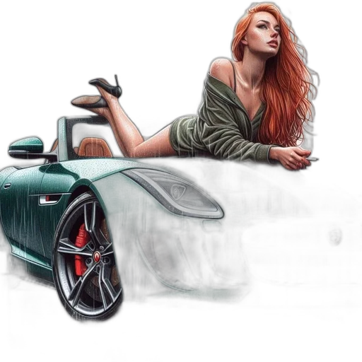 car, photorealistic, fantasy art, concept art, comic book art, green, woman, lies transparent PNG cut-out