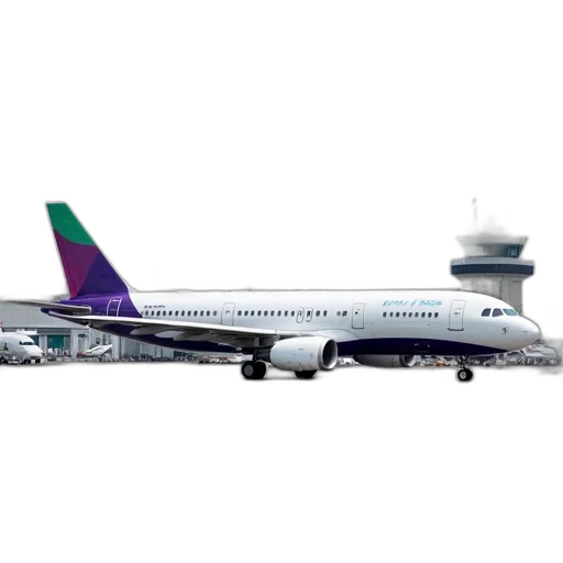 3d render, large, white, passenger, jet, purple, green, accents transparent PNG cut-out