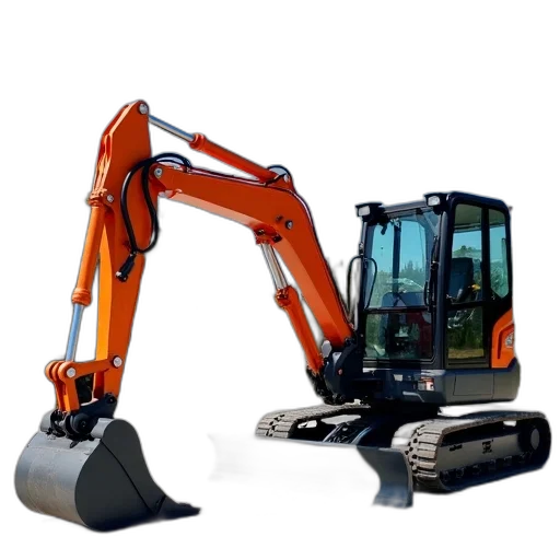 robot, small, orange, black, excavator, large, bucket, parked transparent PNG cut-out