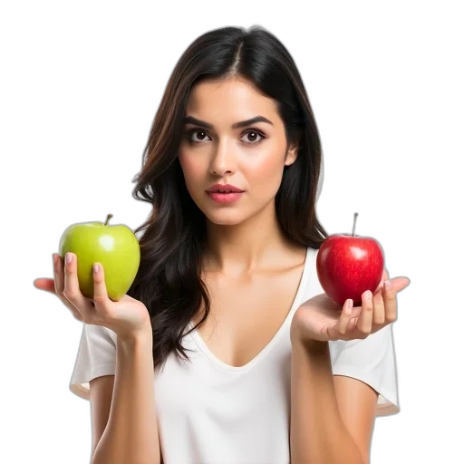 food, face, photorealistic, woman, surprised, expression, holding, green transparent PNG cut-out