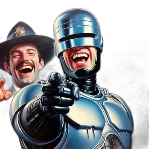 robot, concept art, comic book art, two, laughing, policemen, flank, central transparent PNG cut-out